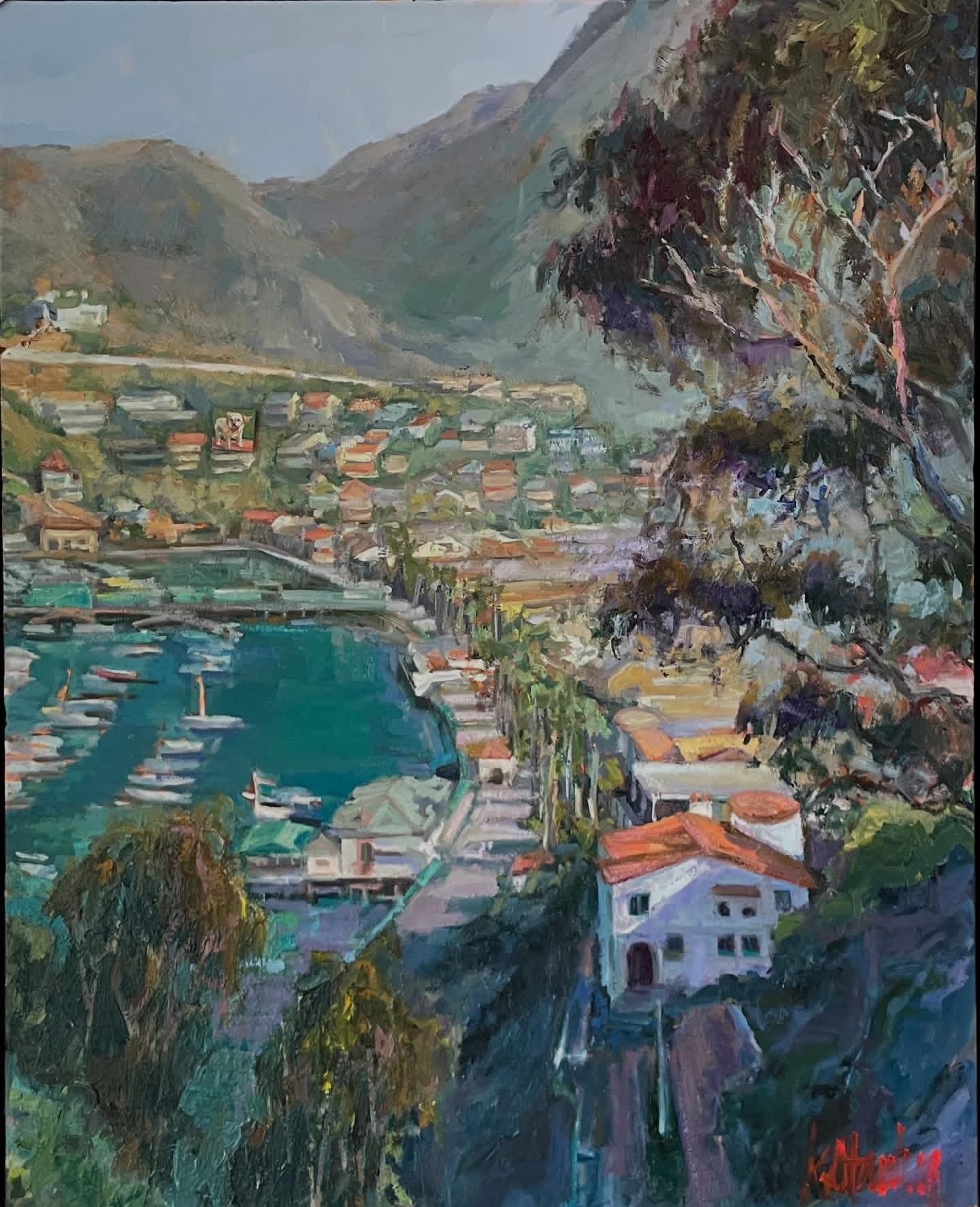 Impressionist painting of Avalon's harbor and hillside seen through eucalyptus trees