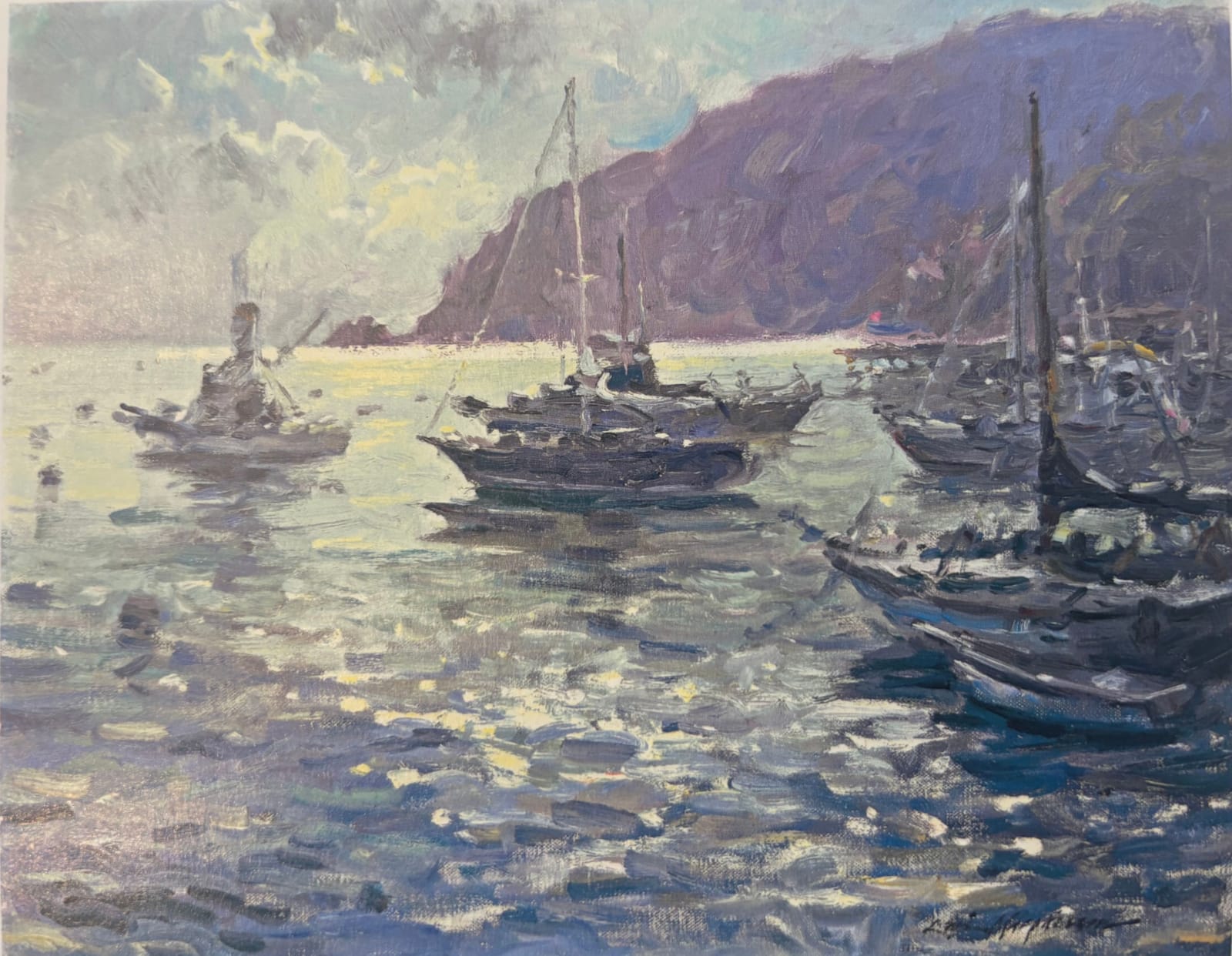 Painting of boats on shimmering silver water in Avalon harbor beneath a purple headland