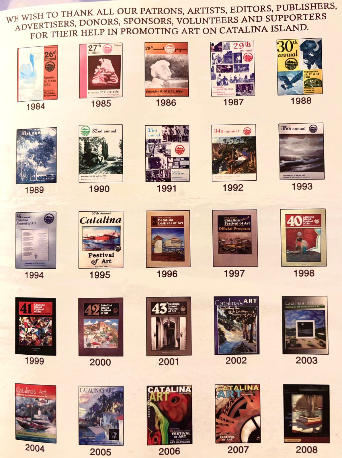 Magazine page thanking patrons, artists and supporters, showing festival program covers from 1984 to 2008