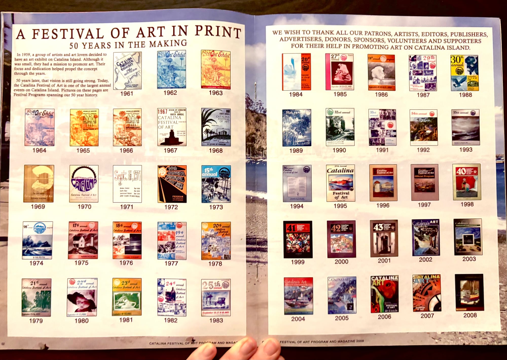 Open two-page magazine spread showing fifty years of Catalina Festival of Art program covers, 1961 to 2008