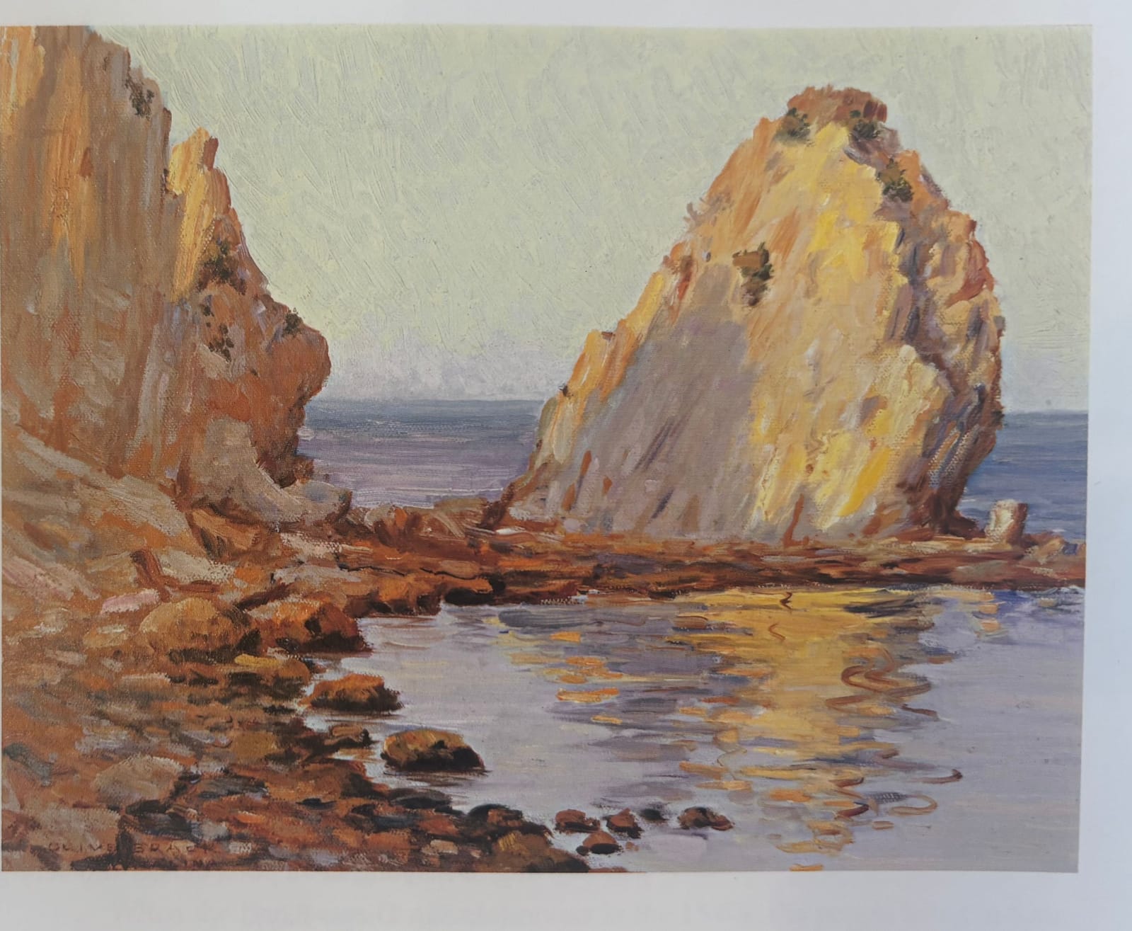 Painting of golden Sugar Loaf rock and cliffs reflected in a calm cove on Catalina