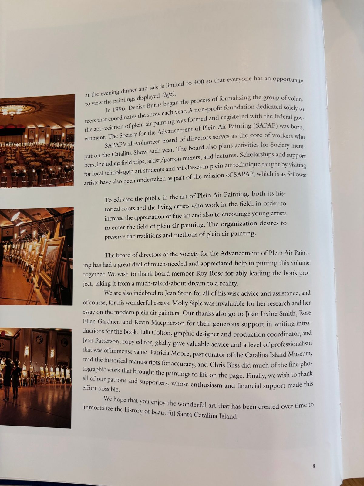 Book page describing how Denise Burns formalized the Catalina Show volunteers into SAPAP in 1996, with its mission statement
