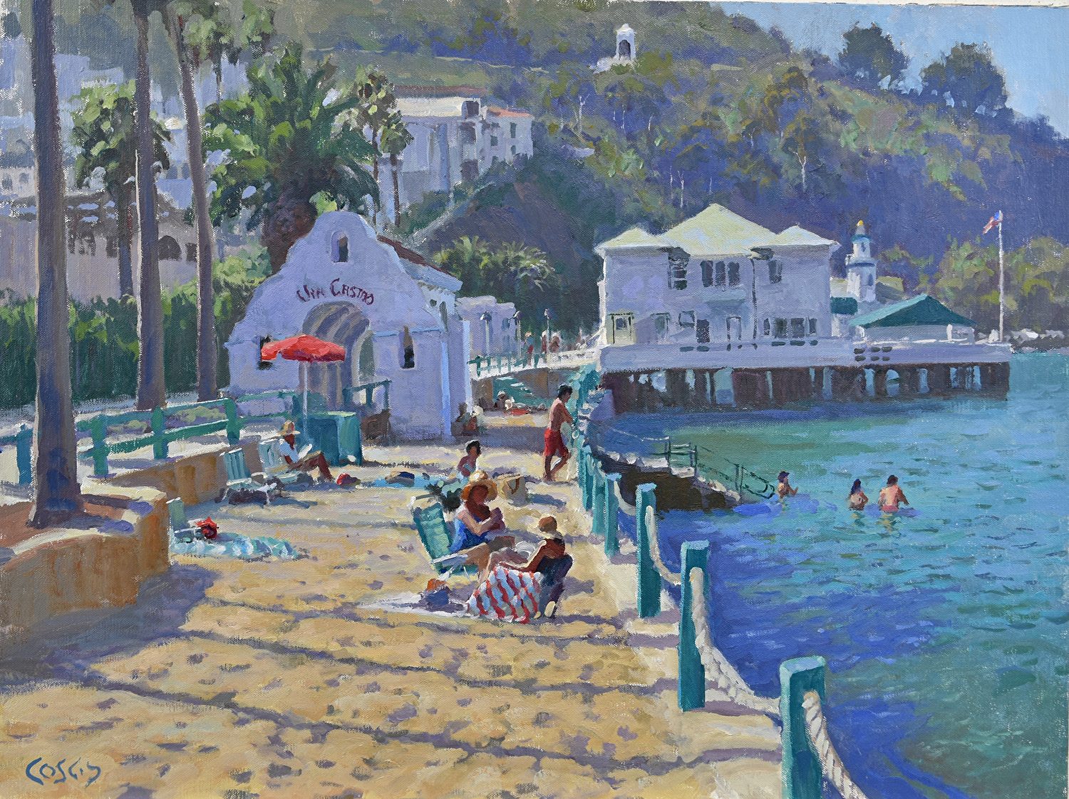 Plein air painting of sunbathers and swimmers along the Via Casino walkway in Avalon, with the arch and a pier building